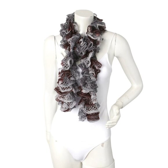 Sashay Ruffle Scarf Knit Crochet Grey Brown Silver - Picture 1 of 4